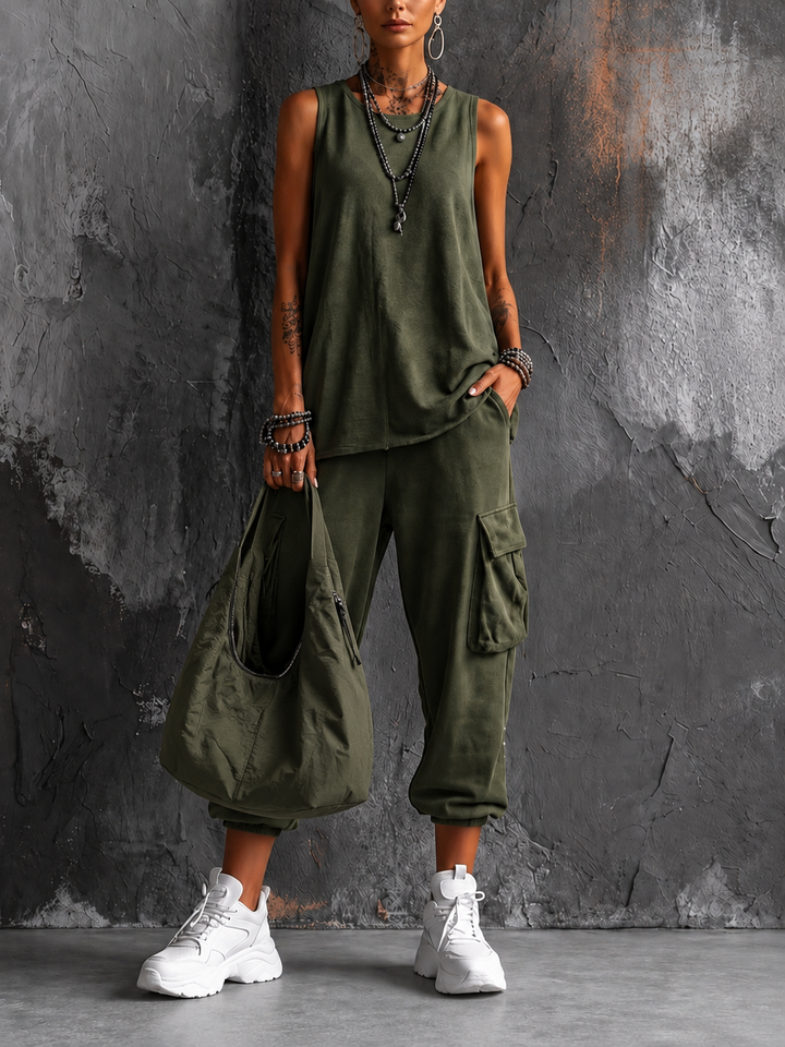 Roseanne sleeveless cargo jogger set in olive green with matching shoulder bag