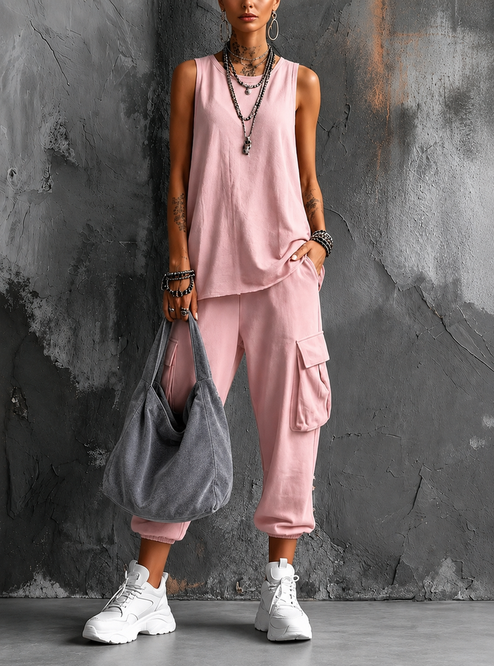 Roseanne sleeveless cargo jogger set in pink with grey shoulder bag
