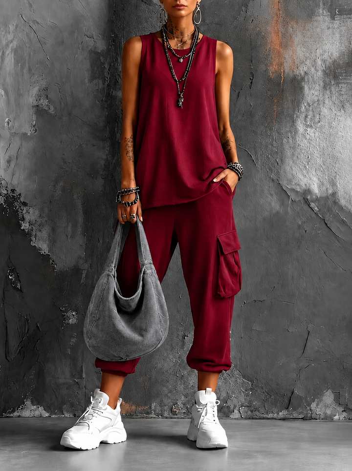 Roseanne sleeveless cargo jogger set in red with grey shoulder bag