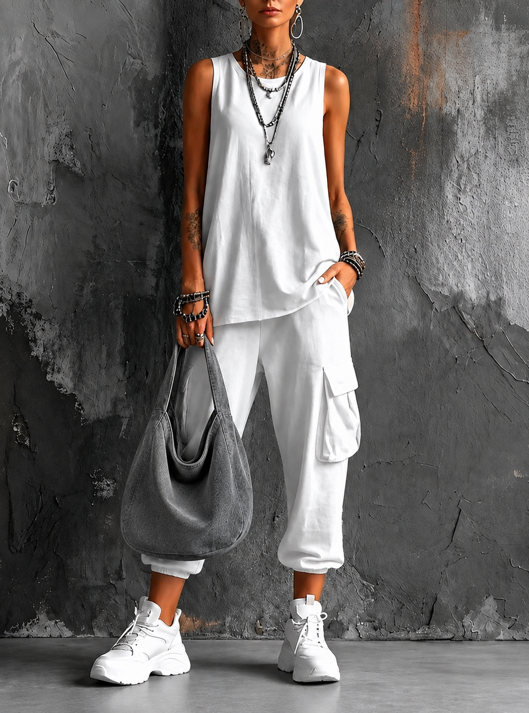 Roseanne sleeveless cargo jogger set in white with grey shoulder bag