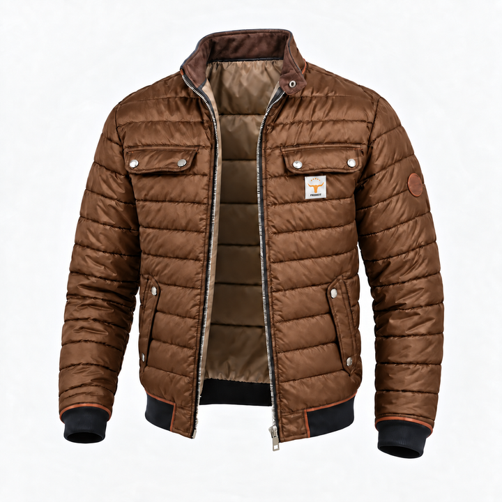 Quilted stand-collar jacket in brown, front view