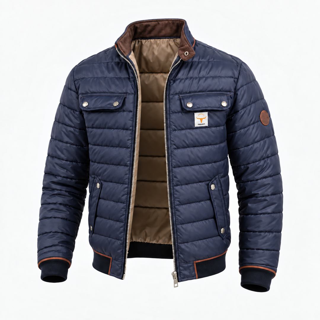 Quilted stand-collar jacket in navy, front view