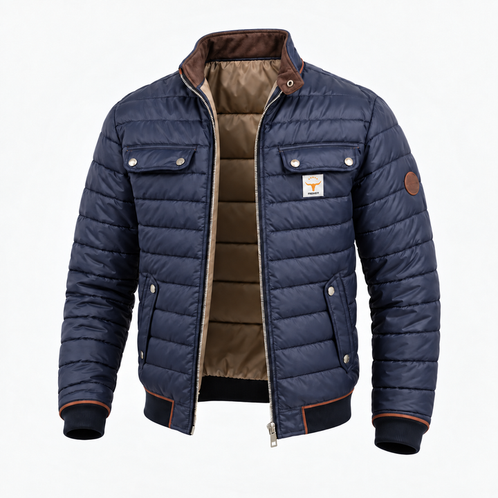 Quilted stand-collar jacket in navy, front view