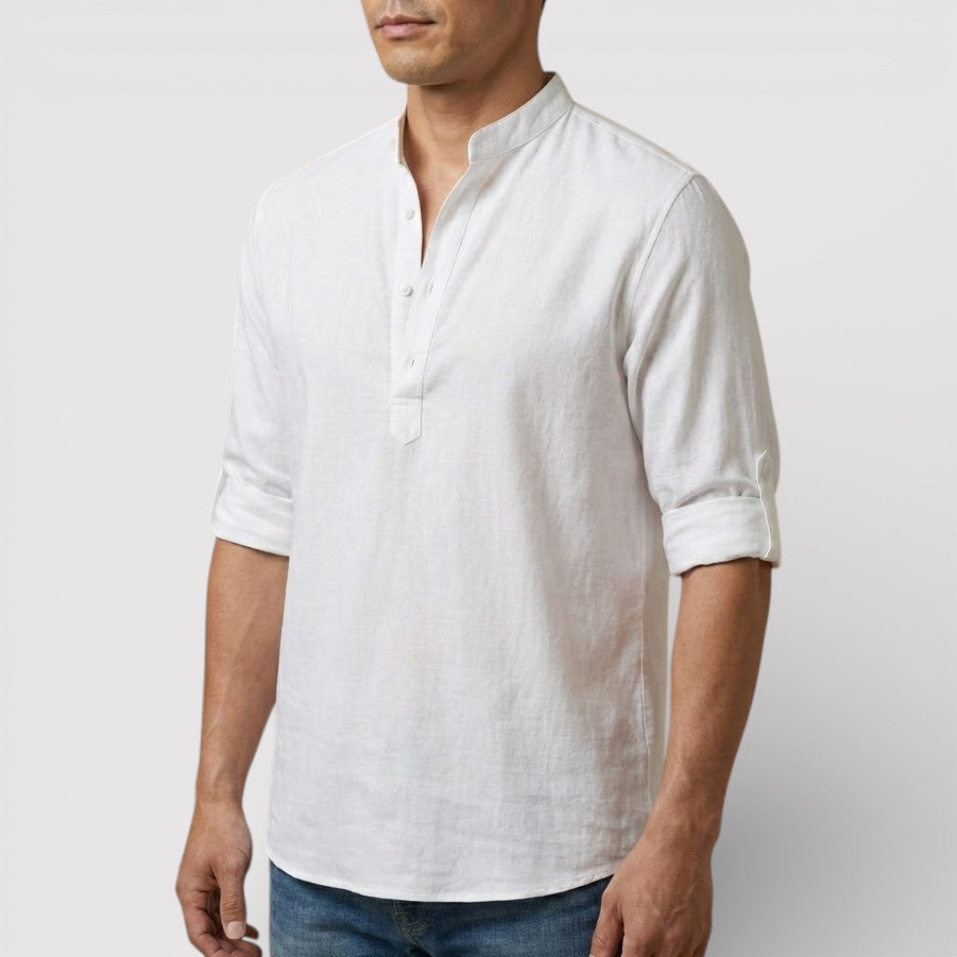 Michael Sydney men's band collar shirt, front view