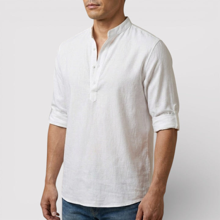 Michael Sydney men's band collar shirt, front view