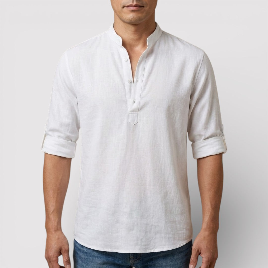 Michael Sydney men's band collar shirt, front view