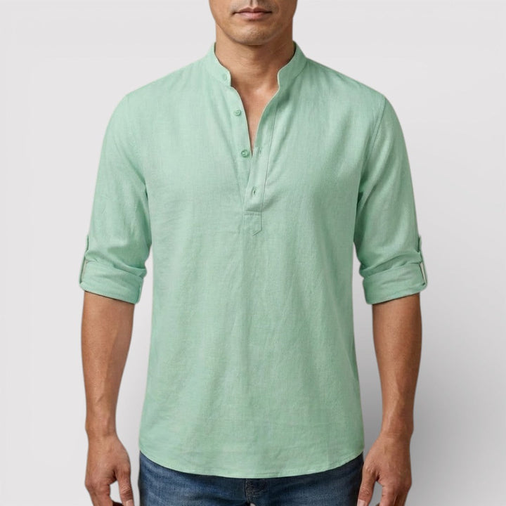 Michael Sydney men's band collar shirt, front view