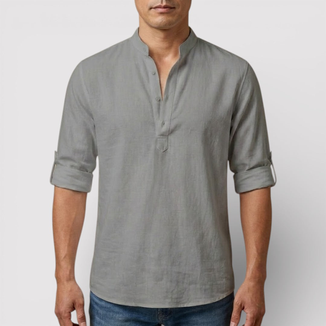 Michael Sydney men's band collar shirt, front view