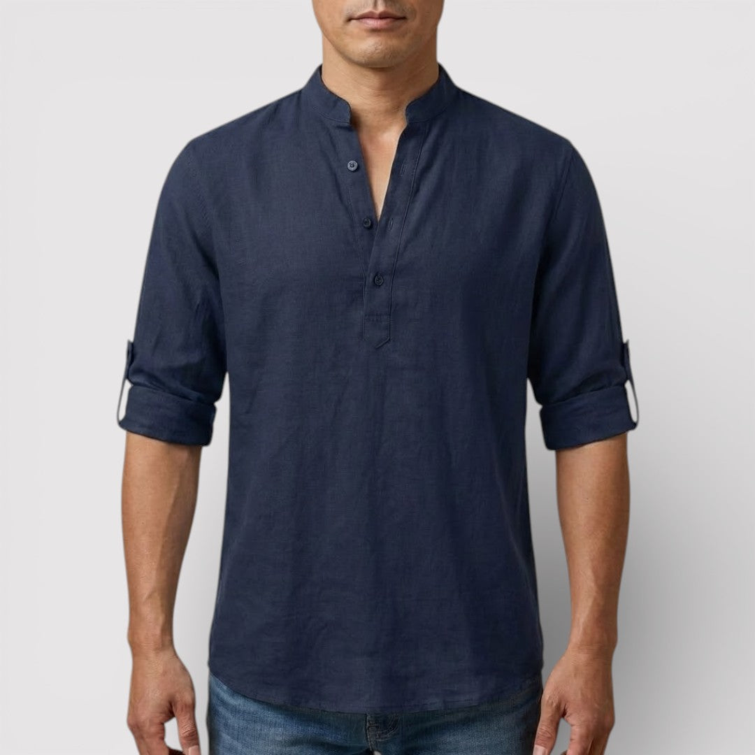 Michael Sydney men's band collar shirt, front view