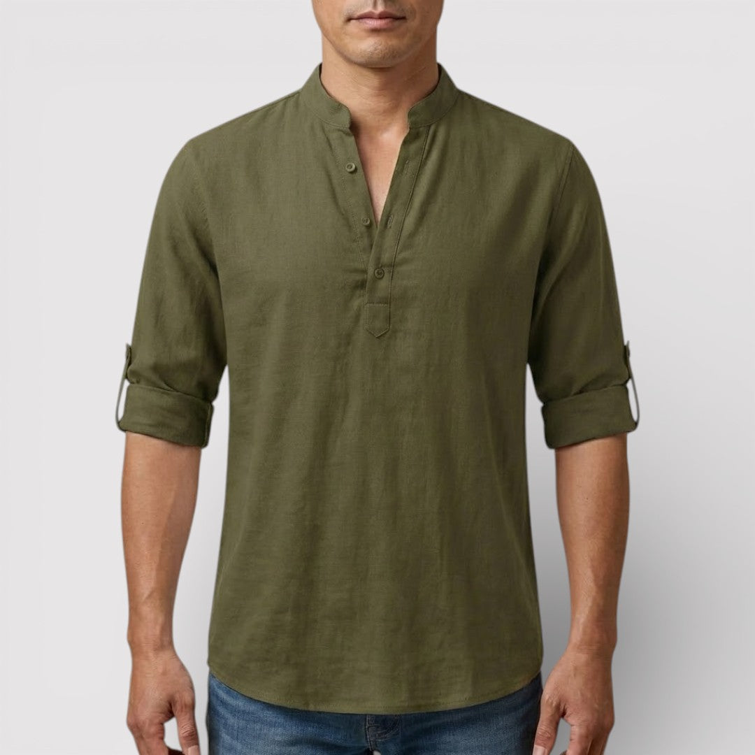 Michael Sydney men's band collar shirt, front view