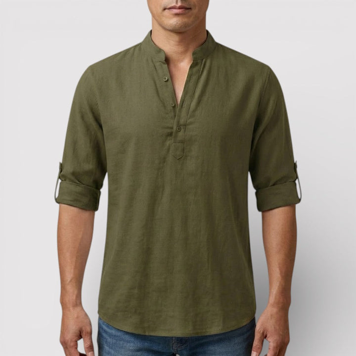 Michael Sydney men's band collar shirt, front view