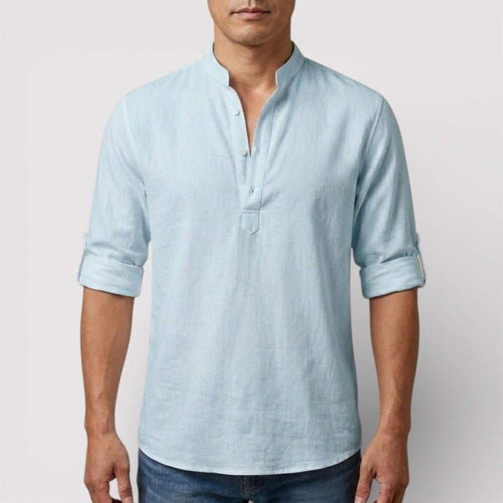 Michael Sydney men's band collar shirt, front view