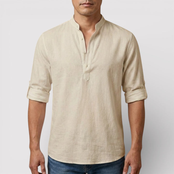 Michael Sydney men's band collar shirt, front view