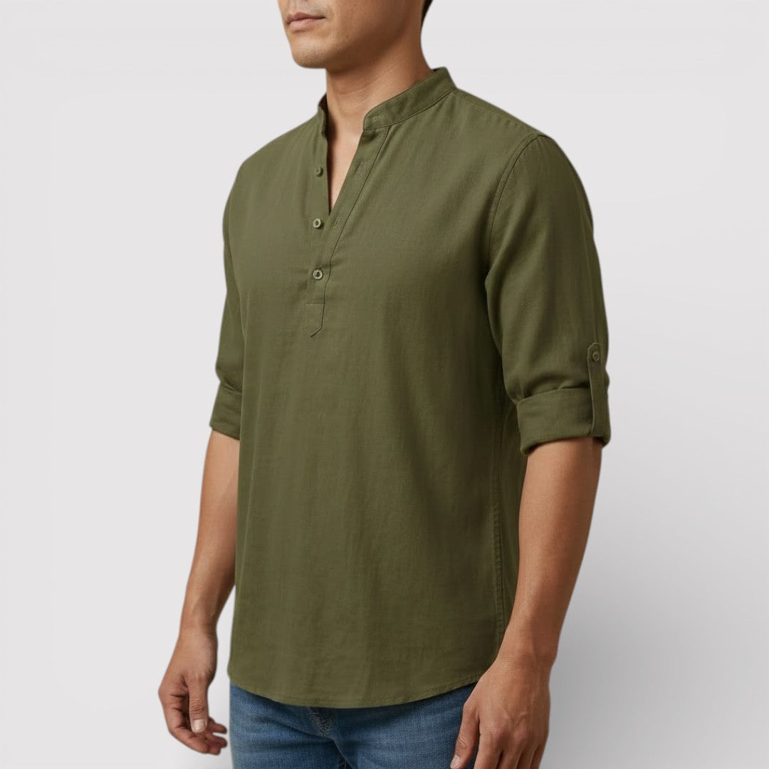 Michael Sydney men's band collar shirt, front view